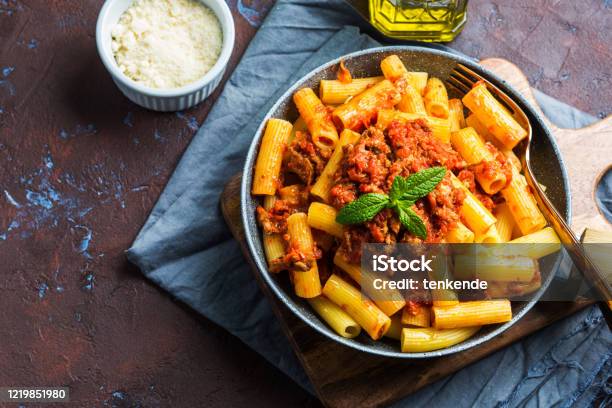 Delicious Pasta With Italian Tomato Meat Sauce Stock Photo - Download Image Now - Rigatoni, Meat, Pasta