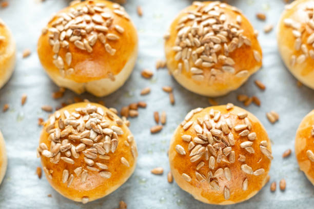 istock Hot fresh homemade buns. Top view 1219852947