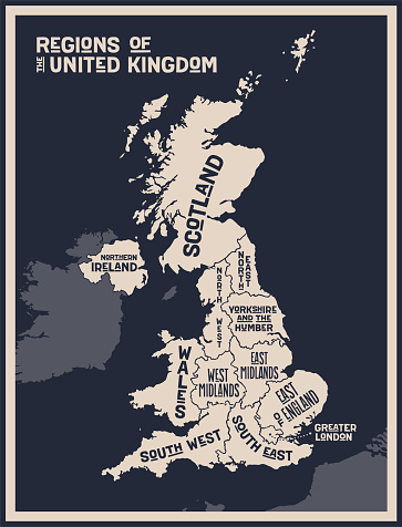 Map United Kingdom. Poster map of regions of the United Kingdom. Black and white print map of United Kingdom for t-shirt, poster, print. Hand-drawn graphic map with regions. Vector Illustration