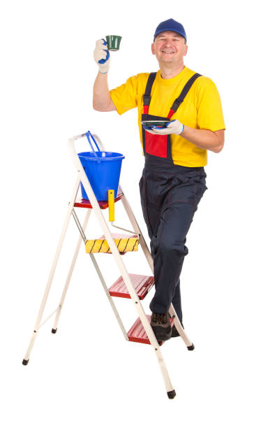 istock Worker on ladder with a cup of tea. 1219853448