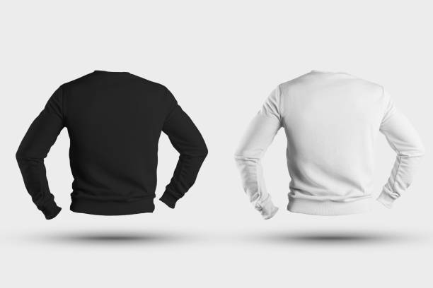 istock Mockup male sweatshirt with bent sleeves, white and black pullover, texture heather, back view, isolated on background. 1219856620
