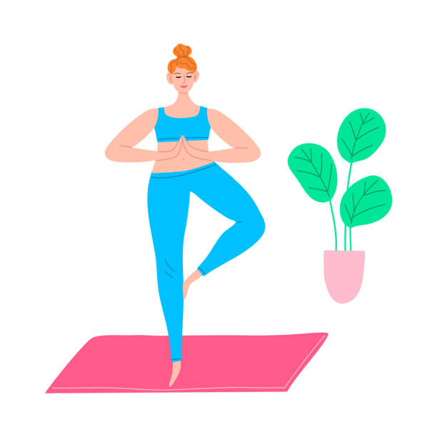 젊은 여자 하기 요가 에 아침 벡터 그림 - white background yoga exercising women stock illustrations