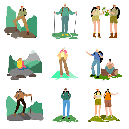 Set of hand drawn different people travelers enjoying hiking and traveling in mountains and on nature over white background vector illustration. Traveling with backpack concept