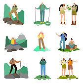 istock Set of people travelers enjoying hiking and traveling on nature vector illustration 1219859199