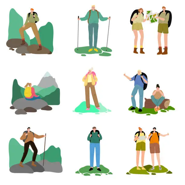 Vector illustration of Set of people travelers enjoying hiking and traveling on nature vector illustration