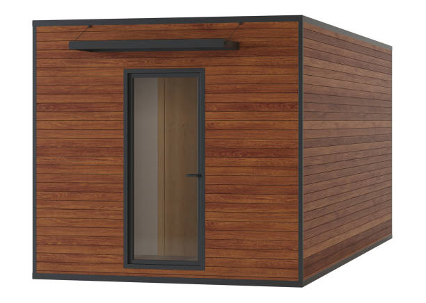istock House container with a panoramic window and wooden walls on a white background. Clipping path included. 3D rendering. 1219860781