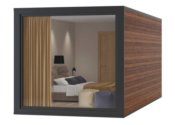 istock House container with a panoramic window and wooden walls on a white background. Clipping path included. 3D rendering. 1219860861