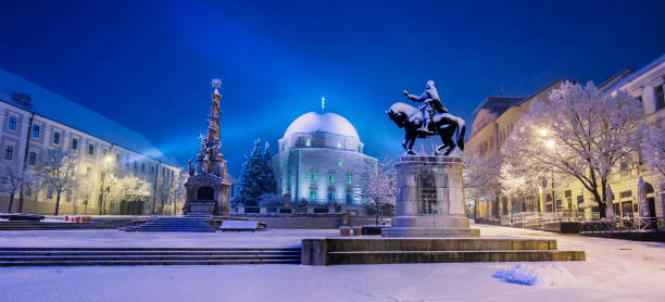 Szechenyi square with mosque in winter in Pecs, Hungary