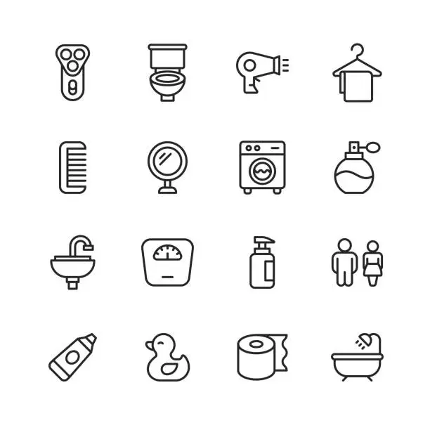 Vector illustration of Bathroom Line Icons. Editable Stroke. Pixel Perfect. For Mobile and Web. Contains such icons as Razor, Toilet, Hair Dyer, Towel, Hanger, Comb, Mirror, Washing Machine, Perfume, Faucet, Sink, Weight Scale, Soap, Soap Container, Toilet Paper, Bathtub.