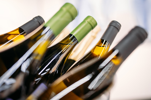 Close-up of a rack of wine bottles