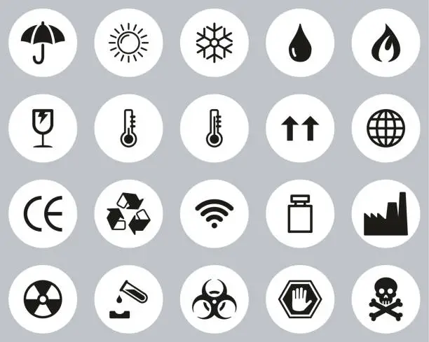 Vector illustration of Package Symbols & Cargo Symbols Icons Black & White Flat Design Circle Set Big