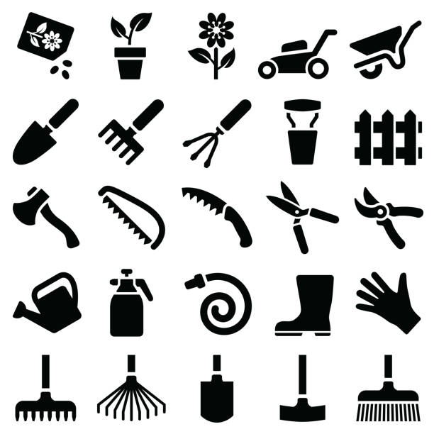 ilustrações, clipart, desenhos animados e ícones de ícone de ferramenta de jardim - watering can shovel rake silhouette