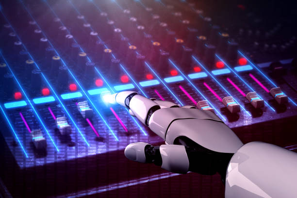 future artificial intelligence robot and cyborg. - digitally generated image audio equipment music recording studio imagens e fotografias de stock