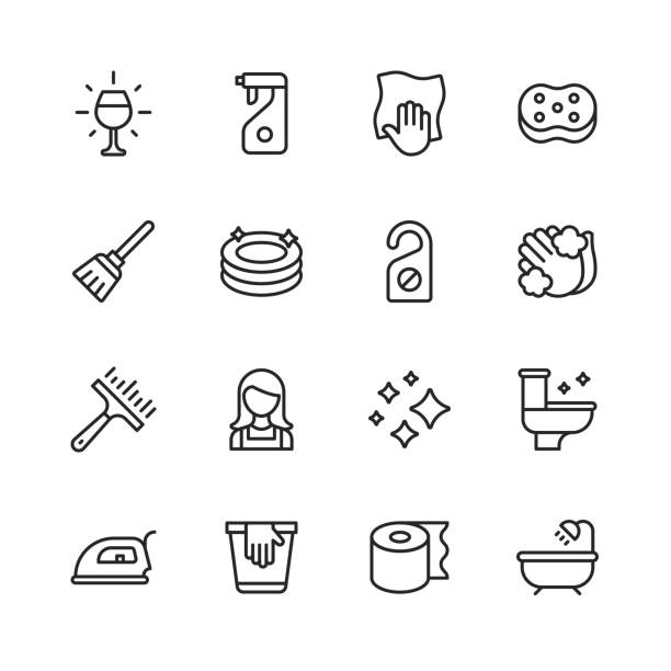 ikony linii czyszczenia. edytowalny obrys. pixel perfect. dla urządzeń mobilnych i sieci web. zawiera takie ikony jak szkło, zmywarka, naczynia, detergent, ściereczka do wycierania, gąbka do mycia, mop, talerze, mycie rąk, toaleta, kuchnia, łazienka - iron laundry cleaning ironing board stock illustrations