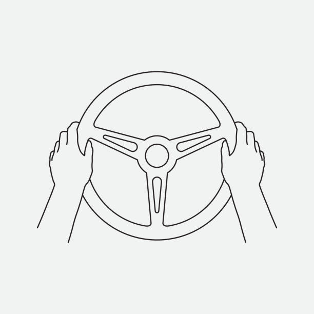 Human hands holding steering wheel Icon, Line design, editable strokes. Vector illustration EPS 10 driving steering wheel stock illustrations