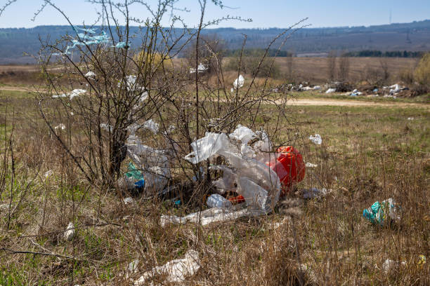 istock trash in the open air. Garbage bags on the trees. 1219870166