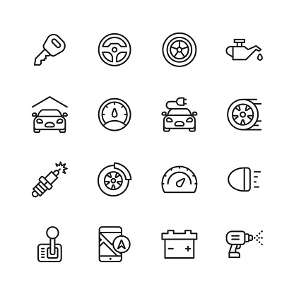 16 Car Service and Auto Repair Shop Outline Icons.