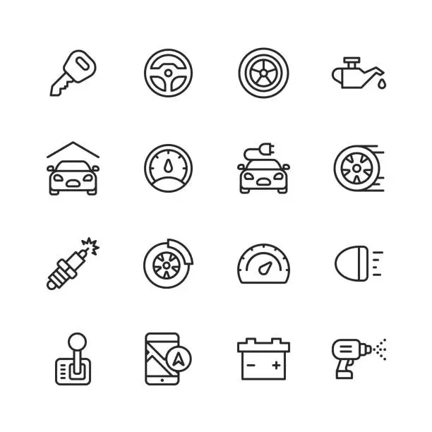 Vector illustration of Car Service and Auto Repair Shop Line Icons. Editable Stroke. Pixel Perfect. For Mobile and Web. Contains such icons as Car Accident, Mechanic, Steering Wheel, Tire, Wheel, Car Oil, Garage, Speedometer, Car Mirror, Navigation, Battery.
