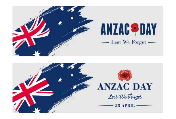 Vector illustration of Anzac Day Banner, Grunge Australian flag with text Lest we forget.