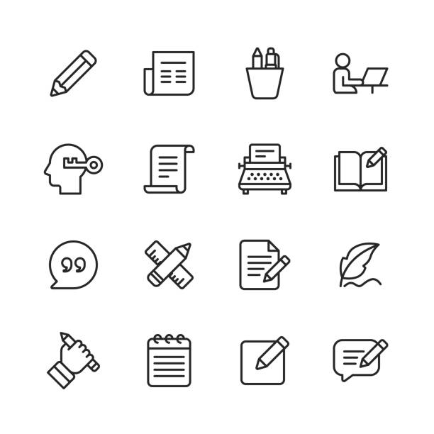 Copywriting Line Icons. Editable Stroke. Pixel Perfect. For Mobile and Web. Contains such icons as Pencil, Newspaper, Magazine, Pen, Writing, Reading, Brainstorming, Creativity, Typewriter, Marketing, Book, Notebook, Quote, Keyboard, Idea, Typography. 16 Copywriting Outline Icons. magazine publication illustrations stock illustrations