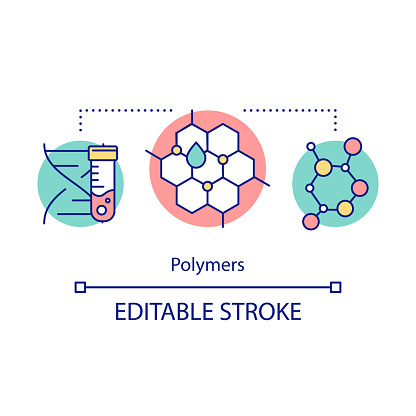 Polymers concept icon. Biomimetic materials. Biopolymers. Polymeric biomolecules. Molecular structure. Bioengineering idea thin line illustration. Vector isolated outline drawing. Editable stroke