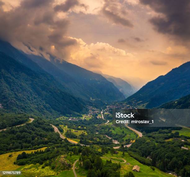 Aerial View Of The San Bernardino Mountain Pass In The Swiss Alps Switzerland Stock Photo - Download Image Now