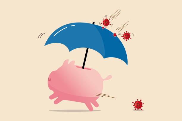 COVID-19 disease protection, Coronavirus insurance or financial and investment safety in Coronavirus pandemic crisis concept, piggy bank with protection umbrella to protect from virus pathogen impact. COVID-19 disease protection, Coronavirus insurance or financial and investment safety in Coronavirus pandemic crisis concept, piggy bank with protection umbrella to protect from virus pathogen impact. business risk stock illustrations