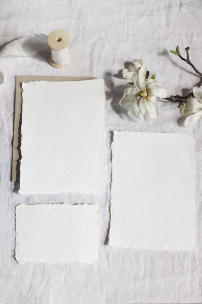 istock Wedding stationery set. Mock-up scene with blank greeting cards, envelope on linen tablecloth background. White magnolia stellata tree branches and ribbon in sunlight. Feminine still life, flat lay. 1219879901