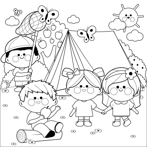 Happy children playing in a forest camping site. Vector black and white coloring page Children in a forest camping site playing, eating and catching butterflies. Vector black and white coloring page hiking snack stock illustrations