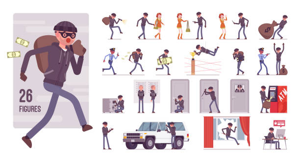 Thief, masked man stealing money character set Thief, masked man stealing money character set. Burglar committing robbery, outlaw fraud operating lawless financial crime, bandit or hacker. Full length, different view, gestures, emotions, poses burglar stock illustrations