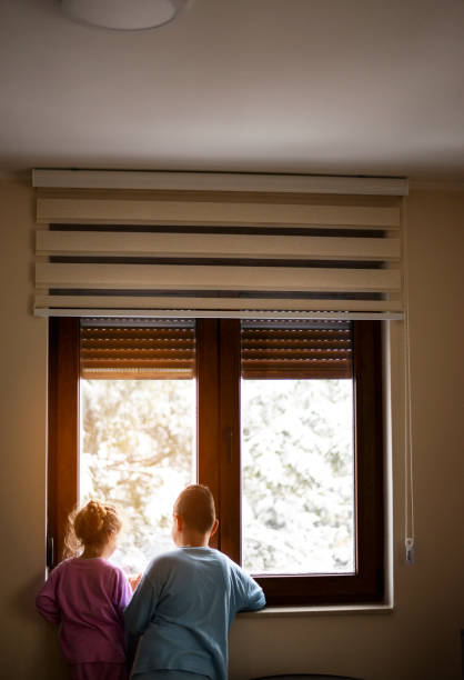 istock Boy and girl from back, looking trough the window. 1219884705