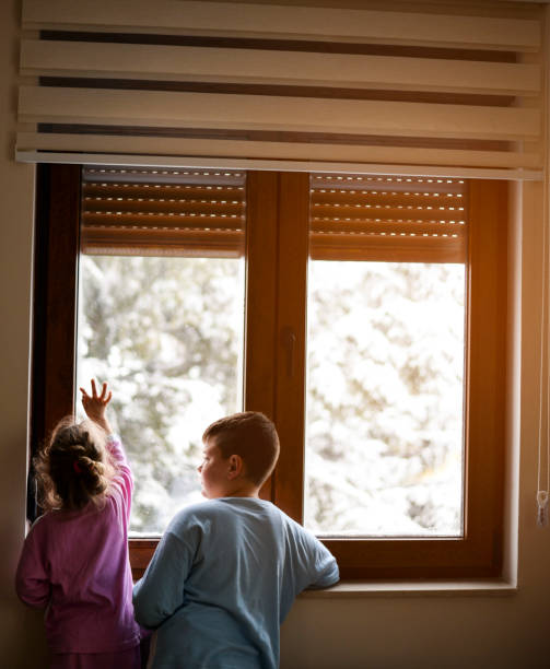 istock Boy and girl from back, looking trough the window. 1219884987