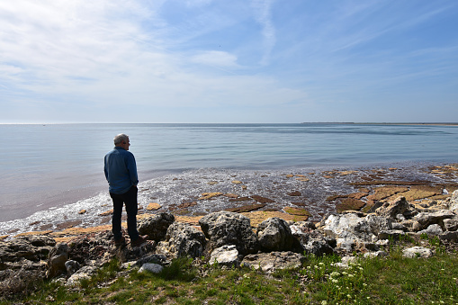 Silhouette of a senior man standing on the rocks above the calm sea and watching at the horizon. Seaweeds in the polluted water with toxic red colour – this is the coast of Durankulak, Bulgaria.