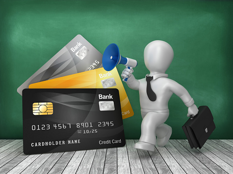 Credit Cards with Cartoon Character with Megaphone on Chalkboard - 3D Rendering