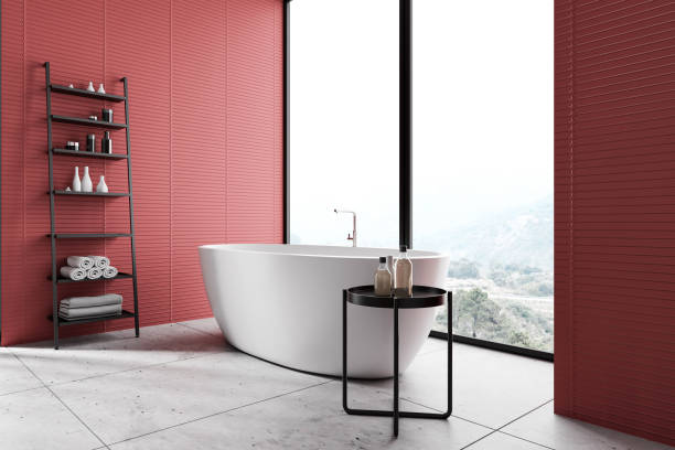istock Red bathroom corner with tub and shelves 1219886703