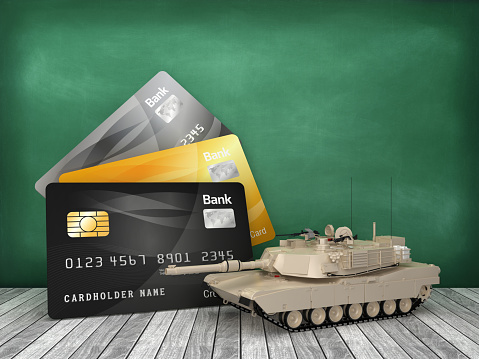 Credit Cards with Military Tank on Chalkboard - 3D Rendering
