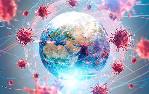 Coronavirus Asian flu ncov over Earth background and its blurry hologram. Concept of cure search and global world. 3d rendering toned image. Elements of this image furnished by NASA