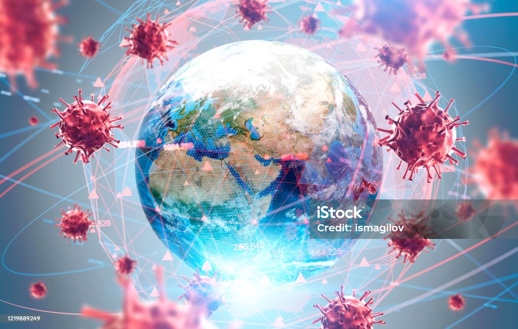 Global virus and disease spread, coronavirus Coronavirus Asian flu ncov over Earth background and its blurry hologram. Concept of cure search and global world. 3d rendering toned image. Elements of this image furnished by NASA Pandemic - Illness Stock Photo