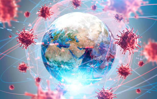 Global virus and disease spread, coronavirus Coronavirus Asian flu ncov over Earth background and its blurry hologram. Concept of cure search and global world. 3d rendering toned image. Elements of this image furnished by NASA genetic mutation stock pictures, royalty-free photos & images