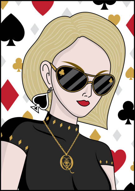 illustrazioni stock, clip art, cartoni animati e icone di tendenza di donna dai capelli biondi con sfondo simboli di poker - girl sunglasses 80s