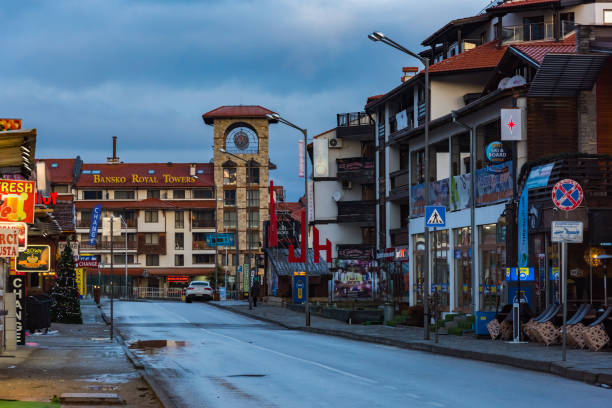 Bansko, Bulgaria-February 11 .2020. Old streets of Bansko in Bulgaria.Nice Sunny weather. Holidays people relax in the ski resort in the winter