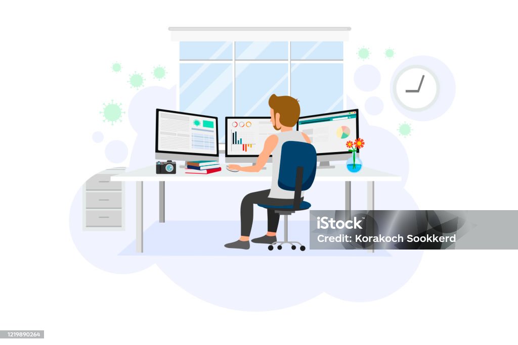 cartoon of a man is sitting to work from home in front of computer - Royalty-free Programador arte vetorial