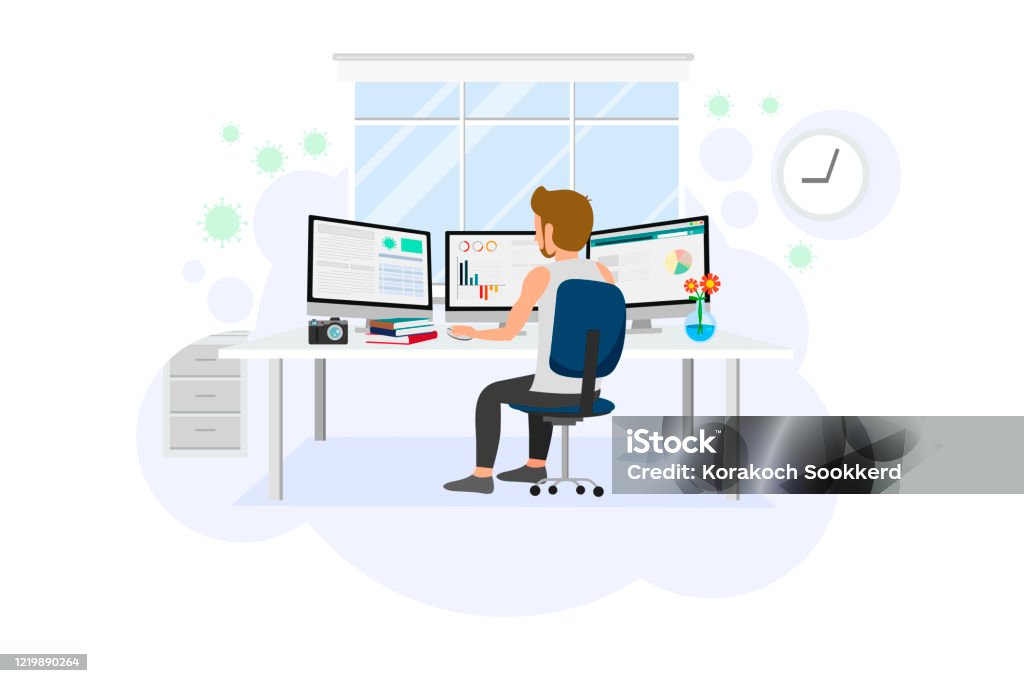 Cartoon Of A Man Is Sitting To Work From Home In Front Of Computer Stock  Illustration - Download Image Now - iStock