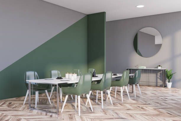 istock Gray and green dining room corner 1219891230