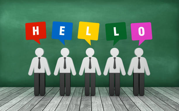istock Pictogram People with HELLO Bubble Speech on Chalkboard - 3D Rendering 1219891345