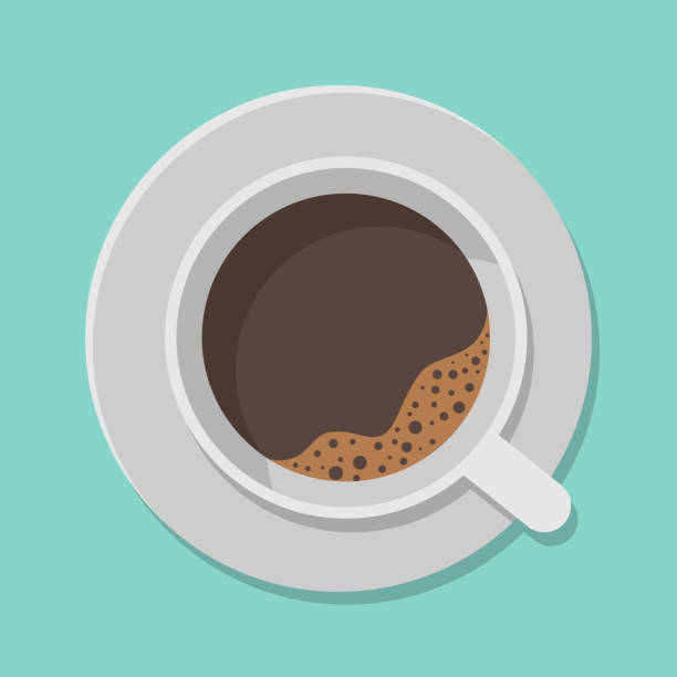 beyaz arka plan üzerinde izole siyah kahve ve tabak üst görünümü bir fincan. vektör illüstrasyon. - coffee stock illustrations