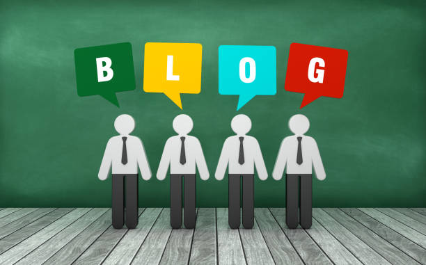 istock Pictogram People with BLOG Bubble Speech on Chalkboard - 3D Rendering 1219891384