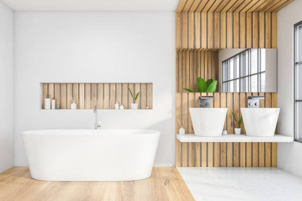 istock White and wooden master bathroom interior 1219891476