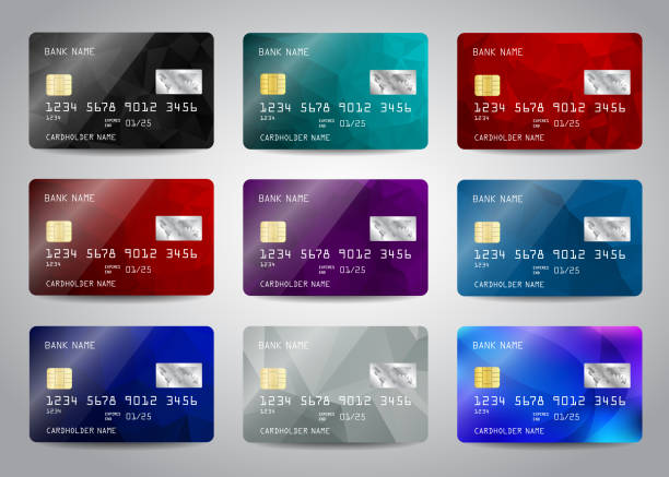 Credit cards set with colorful abstract design background. Realistic detailed templates design for credit card, debit card, ATM card mockup with gold metal gradient chip Vector illustration design Credit cards set with colorful abstract design background. Realistic detailed templates design for credit card, debit card, ATM card mockup with gold metal gradient chip Vector illustration design banking designs stock illustrations
