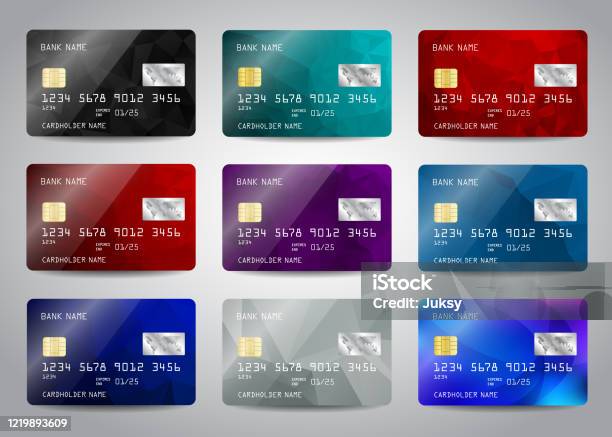 Credit Cards Set With Colorful Abstract Design Background Realistic Detailed Templates Design For Credit Card Debit Card Atm Card Mockup With Gold Metal Gradient Chip Vector Illustration Design Stock Illustration - Download Image Now